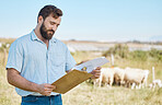 Farmer, thinking or clipboard paper on livestock agriculture, countryside environment or nature land for sheep growth management. Man, farming or worker and documents for animals healthcare insurance