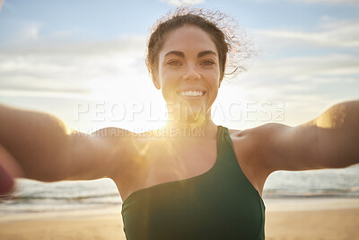 Buy stock photo Video call, fitness and woman on beach live streaming her workout, training or outdoor workout in social media blog. Selfie portrait of athlete, runner or cardio person or influencer journey by sea