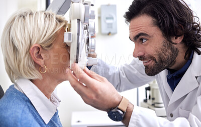 Buy stock photo Doctor with woman in a vision test or eye exam for eyesight by doctor, optometrist or ophthalmologist with medical aid. Mature patient or client with a helpful optician to see or check glaucoma 