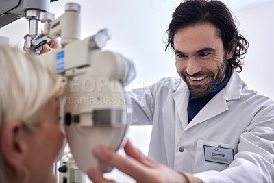 Buy stock photo Eye exam, vision and care for patient with doctor at optometry consultation for lens or frame. Woman and happy man healthcare person with machine for eyes test and health insurance for glasses