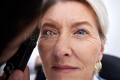 Buy stock photo Woman, face and eye exam lamp for medical glasses, prescription lens or mature glaucoma disease. Zoom, optician and optometry patient in test, ophthalmologist consulting or healthcare wellness vision