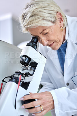 Buy stock photo Doctor woman, ophthalmology and microscope for glasses tools to check and zoom on lens. Medical person at work for science, vision and health insurance working in lab, store or clinic for eye care