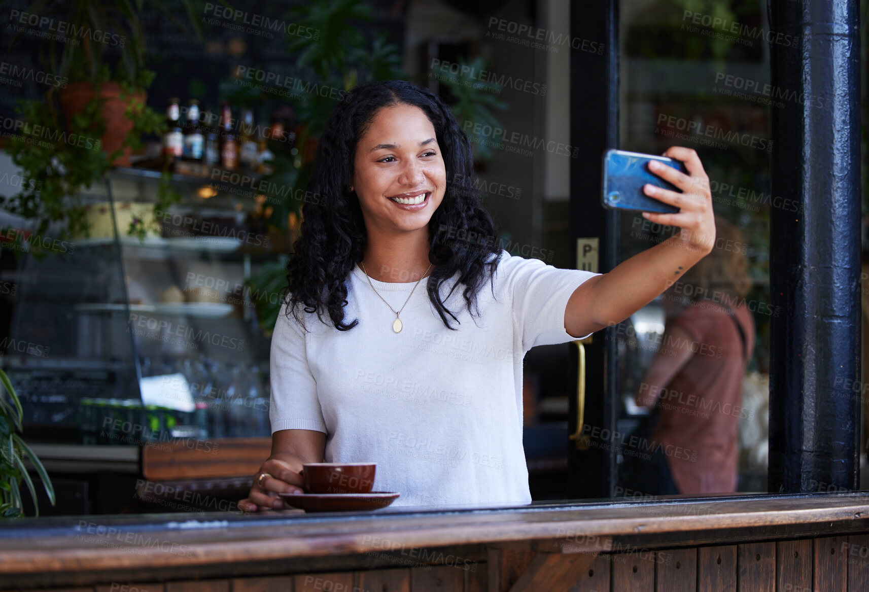 Buy stock photo Woman at cafe, smile in selfie with smartphone, social media post with lifestyle or food influencer with coffee. Tech, phone photography and happy in picture, brand promotion for online community 