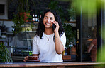 Phone call, coffee and woman in cafe talking, chatting or speaking to contact online. Tea, technology and happy female with mobile smartphone for networking, conversation and discussion in restaurant