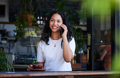 Buy stock photo Phone call, coffee and woman in cafe talking, chatting or speaking to contact online. Tea, technology and happy female with mobile smartphone for networking, conversation and discussion in restaurant