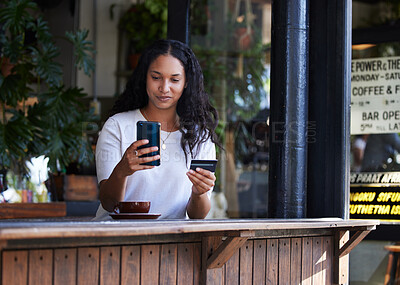 Buy stock photo Woman, phone and credit card at cafe for ecommerce, online shopping or purchase. Happy female customer on smartphone for internet banking, app or wireless transaction at coffee shop or restaurant