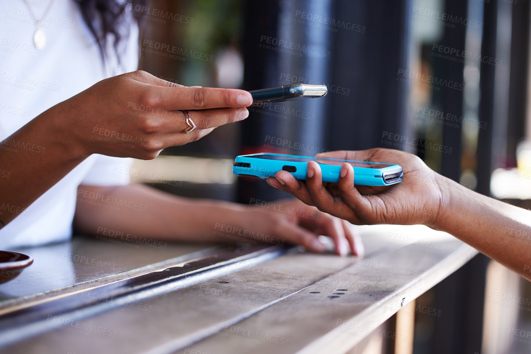 Buy stock photo Woman, hands and phone for ecommerce, scanning or transaction on wireless card machine at coffee shop. Hand of customer scan or tap to pay, buy or banking app with smartphone or 5G connection at cafe