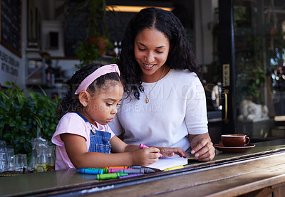 Buy stock photo Art, drawing and mother and child at a restaurant with an activity, creativity and color on paper. Creative, happy and girl learning to draw with her mom while eating at a cafe and waiting for food