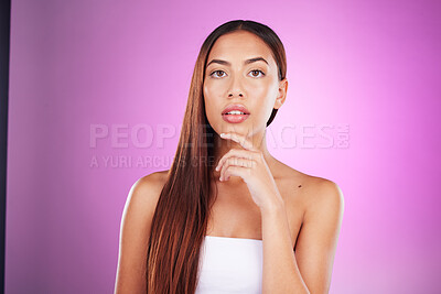 Buy stock photo Beauty, hair and black woman isolated on purple background for healthy glow, shine and care in studio. Young gen z model, youth or person in portrait for natural growth, color and salon mockup