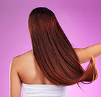 Back of woman, hair and color in studio with extension, beauty or salon shampoo. Behind long hairstyle, cosmetics and shine for growth, aesthetic wellness and clean skincare, healthy textures or glow