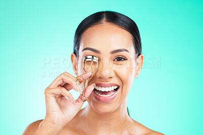 Buy stock photo Eyelash curler, beauty and portrait of happy woman on studio background. Female model, eyelashes and metal tools for skincare, aesthetics and facial makeup product, face cosmetics and transformation 