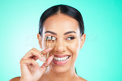 Buy stock photo Eyelash curler, beauty and smile of woman on studio background. Happy female model, eyelashes and metal tools for skincare, aesthetics and facial makeup product, face cosmetics and transformation 