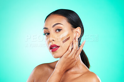 Buy stock photo Woman, face and contour for skincare makeup or beauty cosmetics isolated against a studio background. Female smile with red lips, contouring and foundation for skin tone, toner or facial treatment