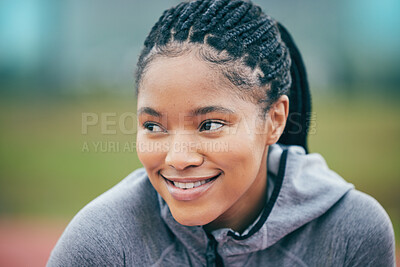 Buy stock photo Black woman, athlete smile and face zoom of a young person ready for field running. Sport, happiness and motivation of a runner athlete outdoor with blurred background on a fitness and workout break
