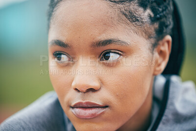 Buy stock photo Fitness, black woman and sports coach thinking while at a field for training, routine and goal with mockup background. Face, personal trainer and female with vision for health, match and workout 
