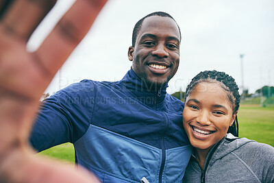 Buy stock photo Fitness portrait, black couple and selfie at park after exercise, training or workout in winter. Sports, health and face of man and woman taking pictures or photos for social media or happy memory.