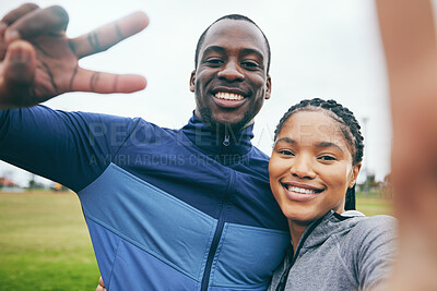 Buy stock photo Fitness, black couple and peace sign selfie at park after exercise, training or workout in winter. Happy, v hand gesture and face portrait of man and woman taking pictures for social media or memory.