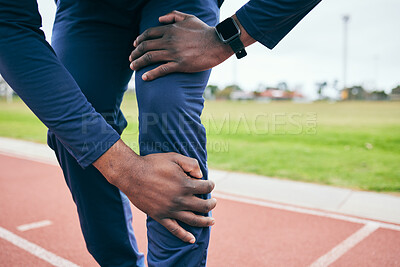 Buy stock photo Knee pain, injury and black man runner, fitness and race in stadium, training for marathon or relay outdoor. Running, sports accident and inflammation, emergency with muscle tension and mockup space
