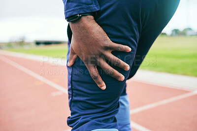 Buy stock photo Leg pain, injury and black man runner, fitness and race in stadium, training for marathon or relay outdoor. Running, sports accident and inflammation, emergency with muscle tension and mockup space