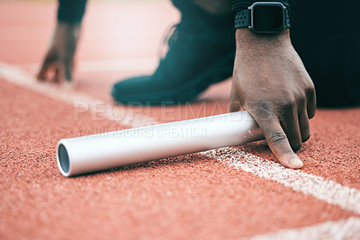 Buy stock photo Black man, relay runner hands and marathon of a fitness, workout and sport exercise on asphalt. Stadium, baton hand zoom and start line of a athlete ready for field running on outdoor training ground