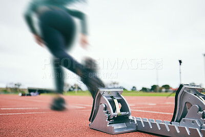Buy stock photo Motion blur, running and race start blocks with athlete on stadium, person and speed, action and fitness outdoor. Training, runner sneakers and sports with exercise and cardio on track