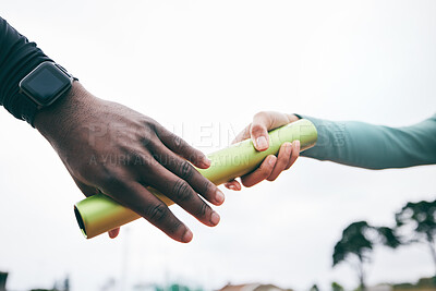 Buy stock photo Closeup, hands and relay for competition, training and fitness for wellness, healthy lifestyle and exercise. Zoom, hand and teamwork for marathon, baton and running match for sports race or endurance