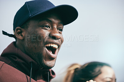 Buy stock photo Sports, cheer and excited black man in stadium shouting, cheering and screaming support for team. Motivation, success and face of male enjoying sport game, match and celebration for winning goals 