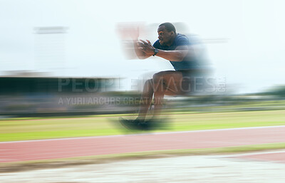 Buy stock photo Black man, fitness and high jump exercise at stadium for training, workout or practice. Sports, health and male athlete exercising and jumping for fast performance, endurance and competition outdoors