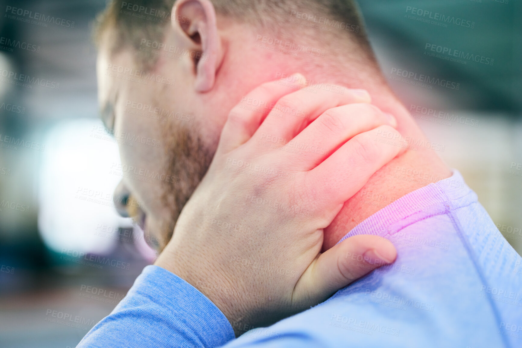 Buy stock photo Fitness, gym and man with pain in neck, medical emergency during gymnastics workout at sport studio. Exercise, health and wellness, person with hand on red muscle cramps ache or injury while training