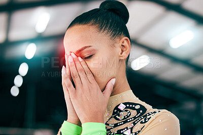 Buy stock photo Woman, red or headache glow in fitness, workout or training for gymnastics and pain, burnout or anatomy crisis. Gymnast, hands or athlete stress injury with creative abstract, broken nose or accident