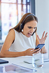 Angry, glitch and call center employee on a phone with bad news, communication and email stress. Telemarketing, contact us and frustrated woman reading a mistake, problem or chat fail on a mobile
