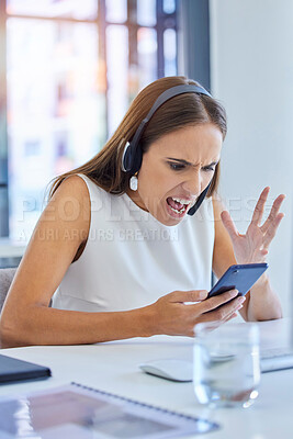 Buy stock photo Angry, glitch and call center employee on a phone with bad news, communication and email stress. Telemarketing, contact us and frustrated woman reading a mistake, problem or chat fail on a mobile