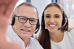 Call center selfie, portrait and employees in telemarketing, customer service and consulting. Bonding, friends and face of workers in online support taking a photo for a work memory in sales