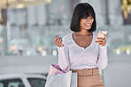 Happy, shopping and woman with bags, phone and smile at fashion sale reading text or email. Clothes, discount sales and retail therapy, lady with smartphone, smiling and bag checking social media.
