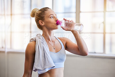 Buy stock photo Exercise, drinking water and woman tired, thinking and achievement for target, goal and resting in gym. Female, lady and athlete with hydration, ideas and aqua after workout, training and wellness