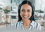 Call center, black woman and business pc conversation at a computer working on support call. Telemarketing, company networking and contact us consultant on a digital consultation for tech help