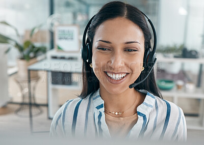Buy stock photo Call center, black woman and business pc conversation at a computer working on support call. Telemarketing, company networking and contact us consultant on a digital consultation for tech help