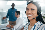 Black woman, portrait and call center worker with a smile on a crm sale call in a office. Networking, telemarketing and happy ecommerce employee working on contact us customer service consultation