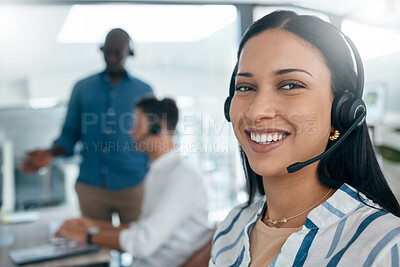 Buy stock photo Black woman, portrait and call center worker with a smile on a crm sale call in a office. Networking, telemarketing and happy ecommerce employee working on contact us customer service consultation