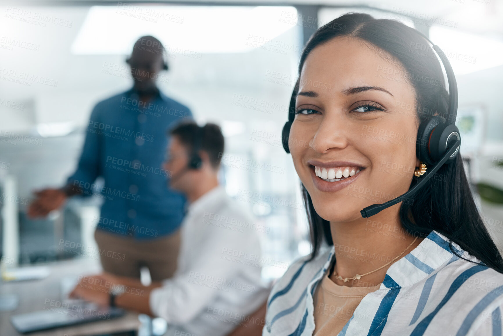 Buy stock photo Black woman, portrait and call center worker with a smile on a crm sale call in a office. Networking, telemarketing and happy ecommerce employee working on contact us customer service consultation