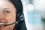 Face, call center and mockup with a black woman consulting working in customer service or support. Ecommerce, headset and space with a female consulting on the phone at work for telemarketing