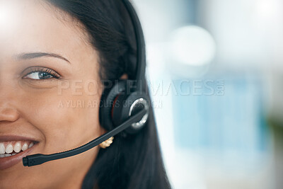 Buy stock photo Face, call center and mockup with a black woman consulting working in customer service or support. Ecommerce, headset and space with a female consulting on the phone at work for telemarketing