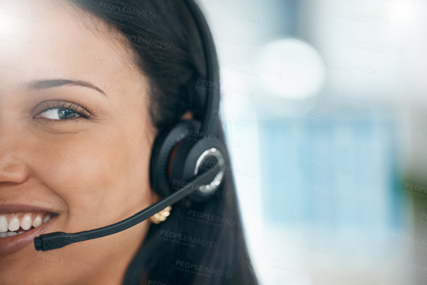 Buy stock photo Face, call center and mockup with a black woman consulting working in customer service or support. Ecommerce, headset and space with a female consulting on the phone at work for telemarketing