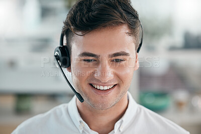 Buy stock photo Man, customer service and call center consultant with a smile and headphones for contact us or crm. Telemarketing, online support and sales person in office for communication and help desk headset