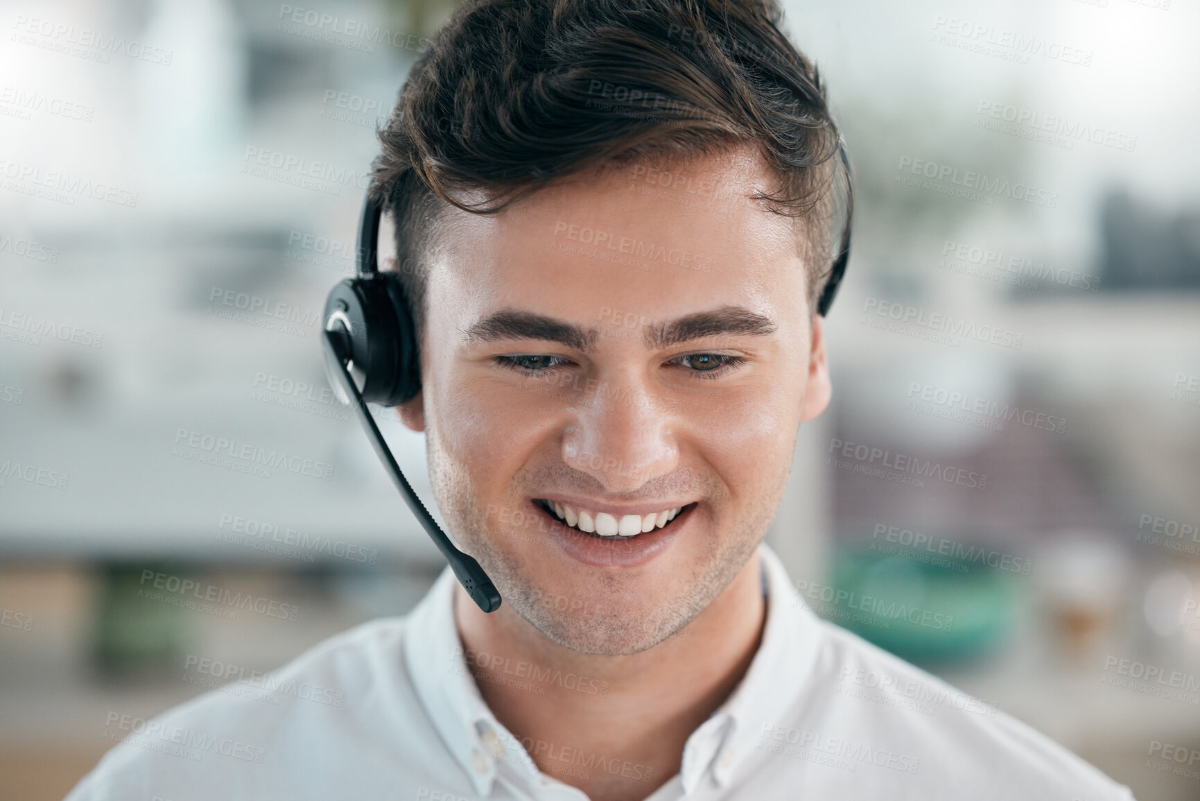 Buy stock photo Man, customer service and call center consultant with a smile and headphones for contact us or crm. Telemarketing, online support and sales person in office for communication and help desk headset