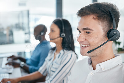 Buy stock photo Call center, customer service and happy consultant team at crm or telemarketing office. Man and woman agent with diversity at pc for sales, contact us and online support or advice at help desk