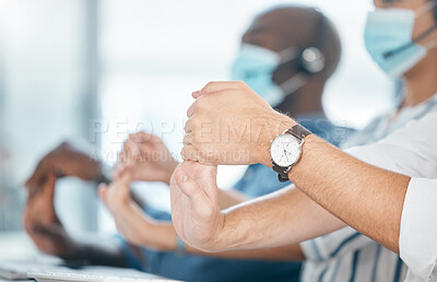 Buy stock photo Business people, call center or stretching hands in telemarketing, b2b customer support or contact us office. Zoom, fingers or warm up wrist exercise for body pain relief in covid receptionist team