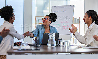 Buy stock photo Handshake, success or applause of business people in a meeting or presentation for sales goals or deal. Partnership, b2b collaboration or happy black woman shaking hands with a manager in leadership