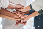 Teamwork, diversity and team stack of hands for celebration, motivation or partnership in office. Multiracial, collaboration and business people celebrating together for success, achievement or goal.