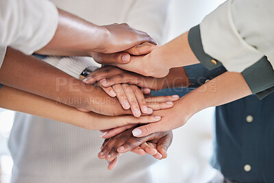 Buy stock photo Teamwork, diversity and team stack of hands for celebration, motivation or partnership in office. Multiracial, collaboration and business people celebrating together for success, achievement or goal.